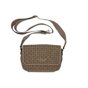 GUESS Draven Jacquard Wide Strap Crossbody Purse Bag Taupe Beige Excellent